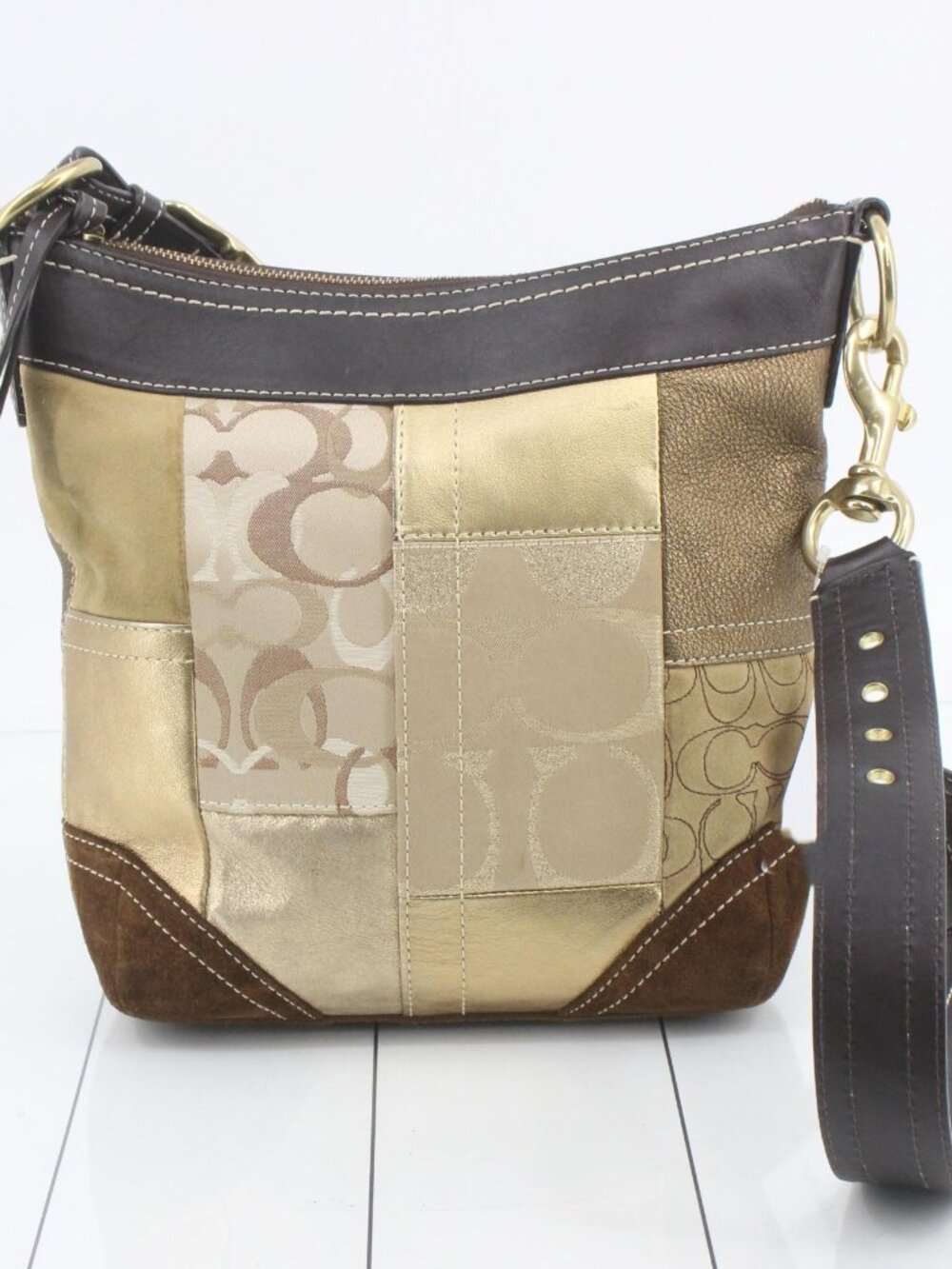 Coach Patchwork Signature Gold and Brown Leather Shoulder Bag